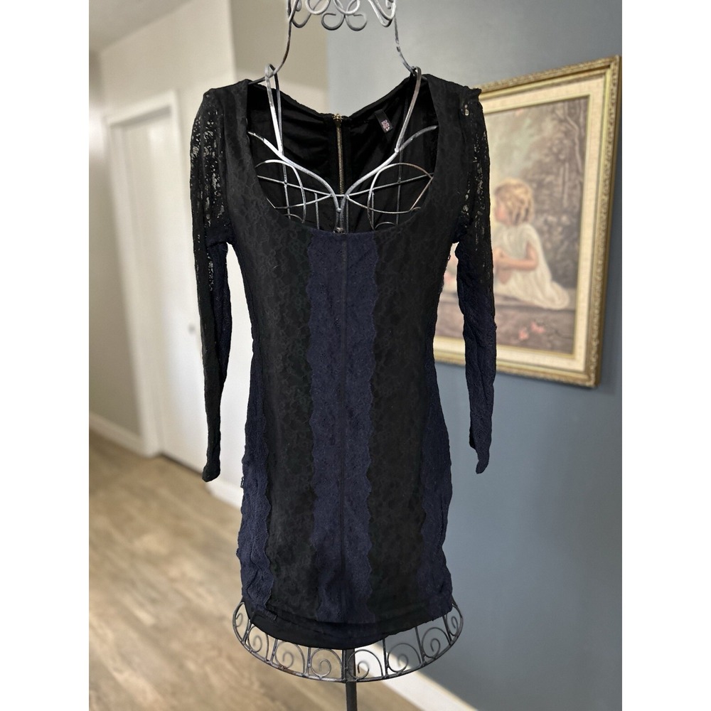 2013 Victoria's Secret Black and Blue Bodycon Lace Zipper Back Dress Size Small